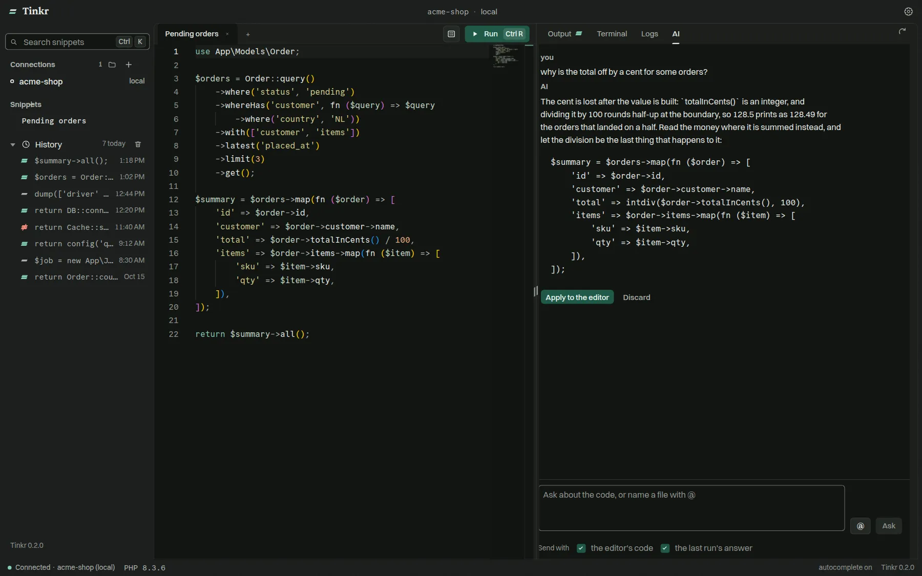 The AI panel in Tinkr proposing a snippet, with the last run's result attached as context