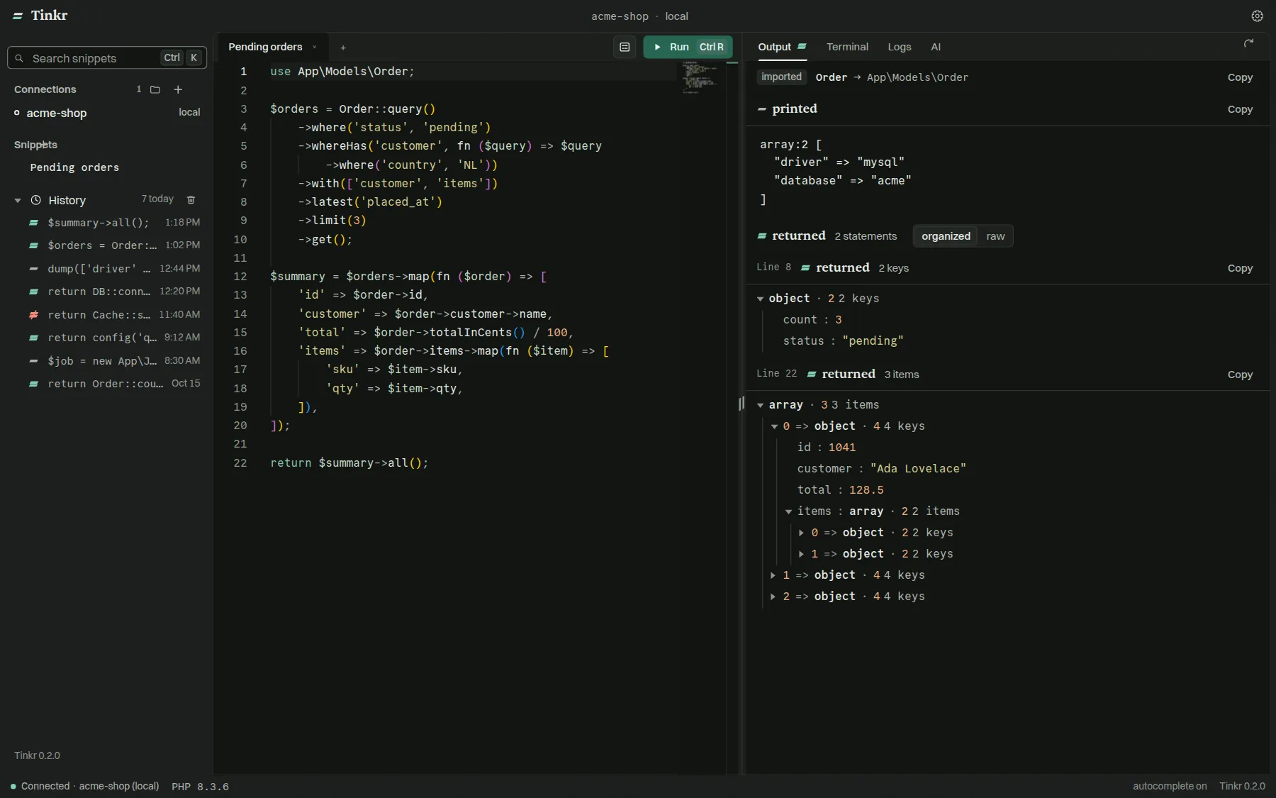 Tinkr's main window: a PHP snippet on the left and the returned array as an expandable tree on the right